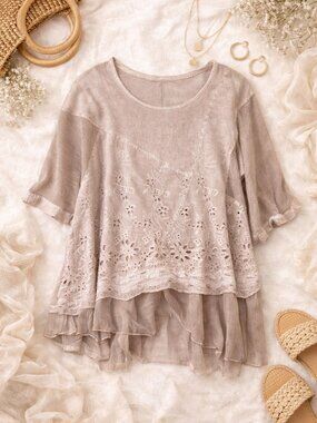 Pretty Angel Blush Boho Lace Eyelet Top Layered Ruffle Size S